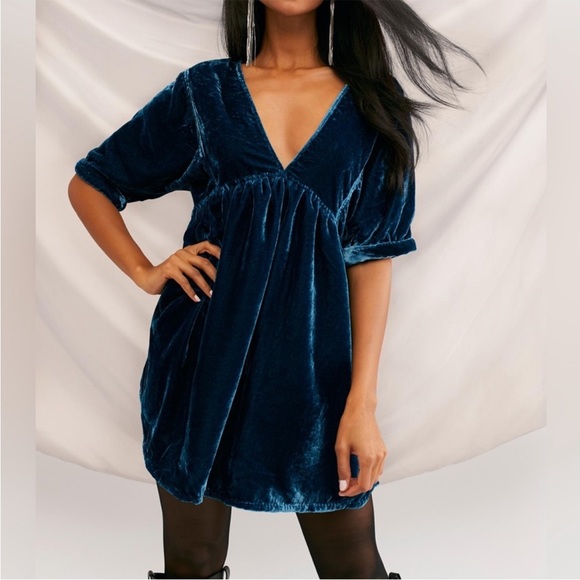 Free People Blue Velvet Party Dress - Picture 3 of 4